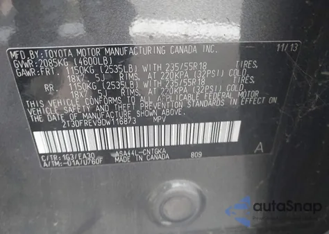 2013 Toyota Rav4 Limited from USA, damaged, VIN 2T3DFREV9DW116873